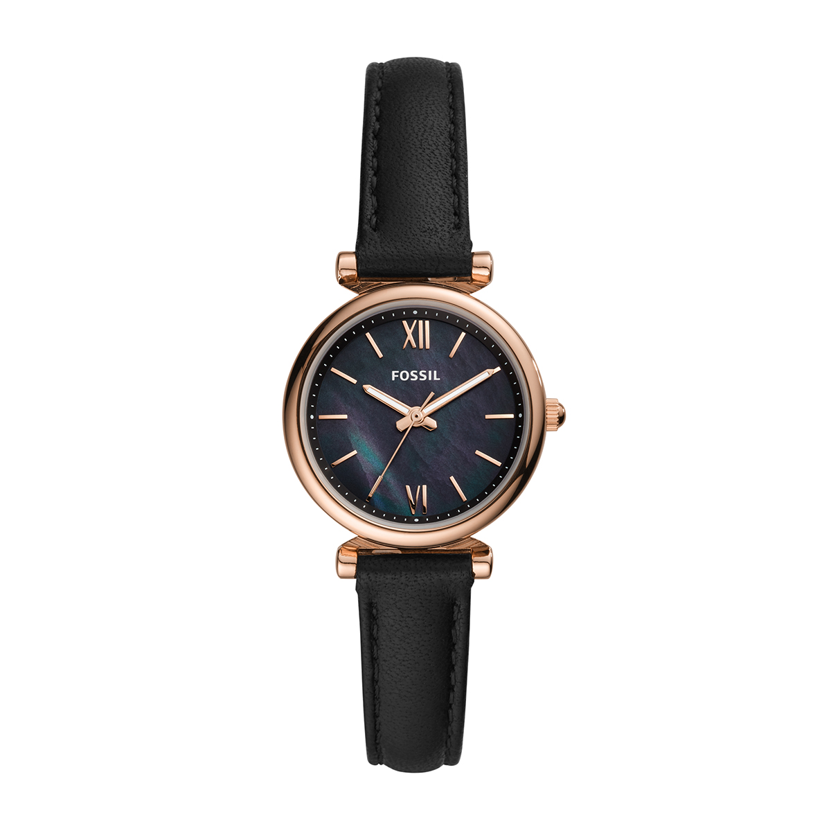 Rose gold-tone stainless steel mother of pearl & black leather strap ladies' Fossil quartz watch