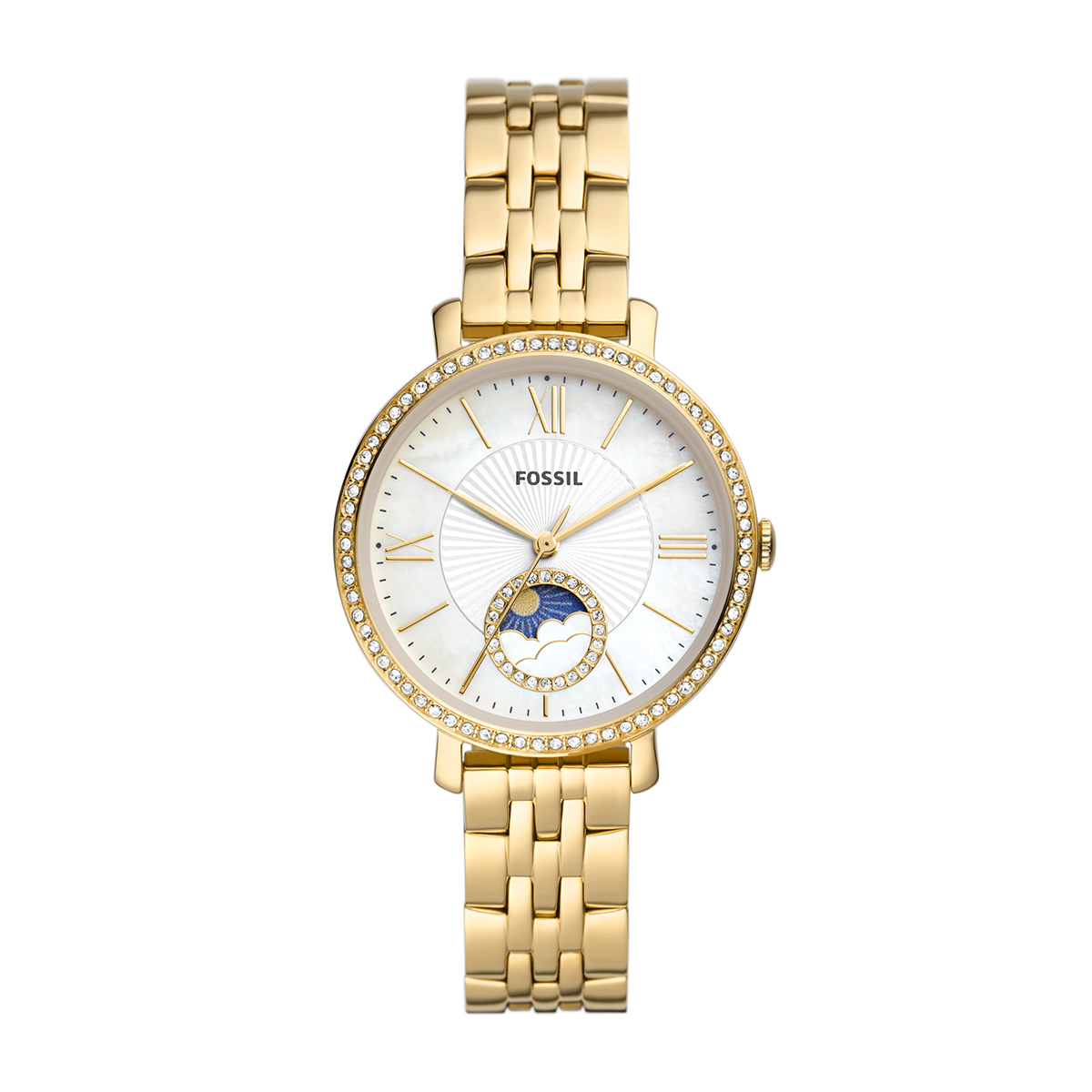 Gold-tone stainless steel crystal accent mother of pearl dial ladies' Fossil quartz multi-function watch