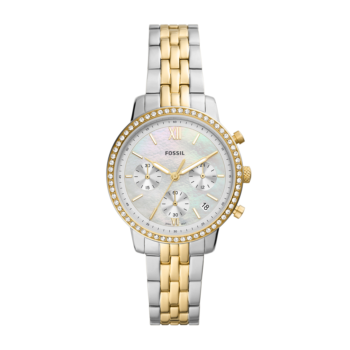White and gold-tone stainless steel crystal accent mother of pearl dial ladies' Fossil quartz chronograph watch