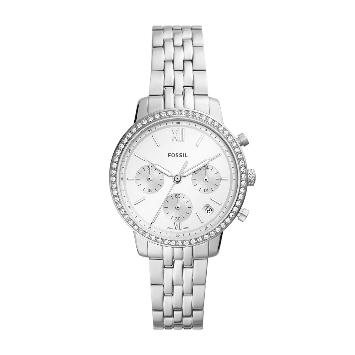 Stainless steel crystal accent white dial ladies' Fossil quartz chronograph watch