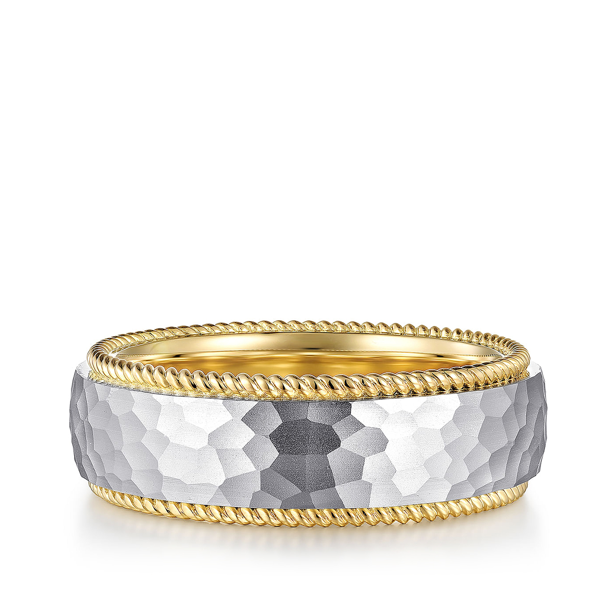14K white and yellow gold Gabriel & Co. Atticus men's 8mm hammered finish rope edge wedding ring
