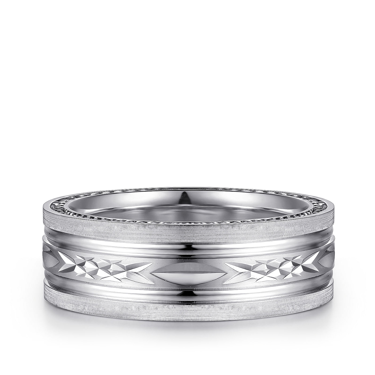 14K white gold Gabriel & Co. Leo men's 8mm satin finish carved milgrain edge wedding ring