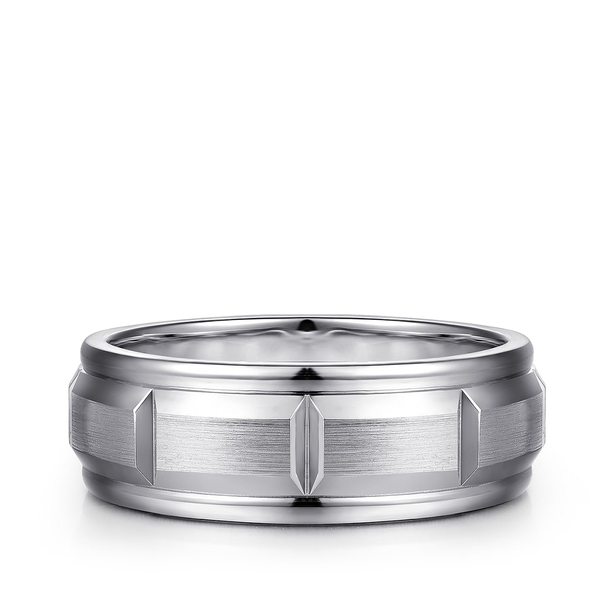 14K white gold Gabriel & Co. Austin men's 8mm satin finish carved station wedding ring