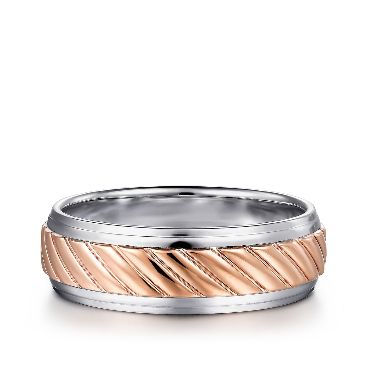 14K pink and white gold Gabriel & Co. August men's 7mm polished finish carved wedding ring