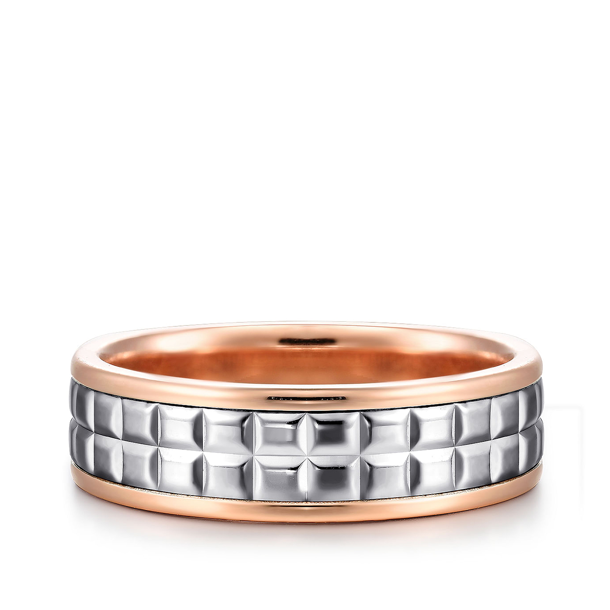 14K white and pink gold Gabriel & Co. Hugo men's 7mm polished finish square inlay wedding ring