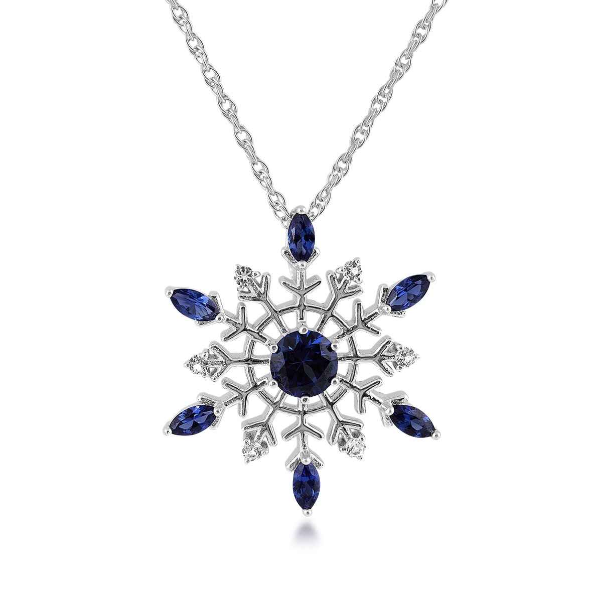 Created Round & Marquise Sapphire & Genuine White Topaz Snowflake Pendant in Sterling Silver