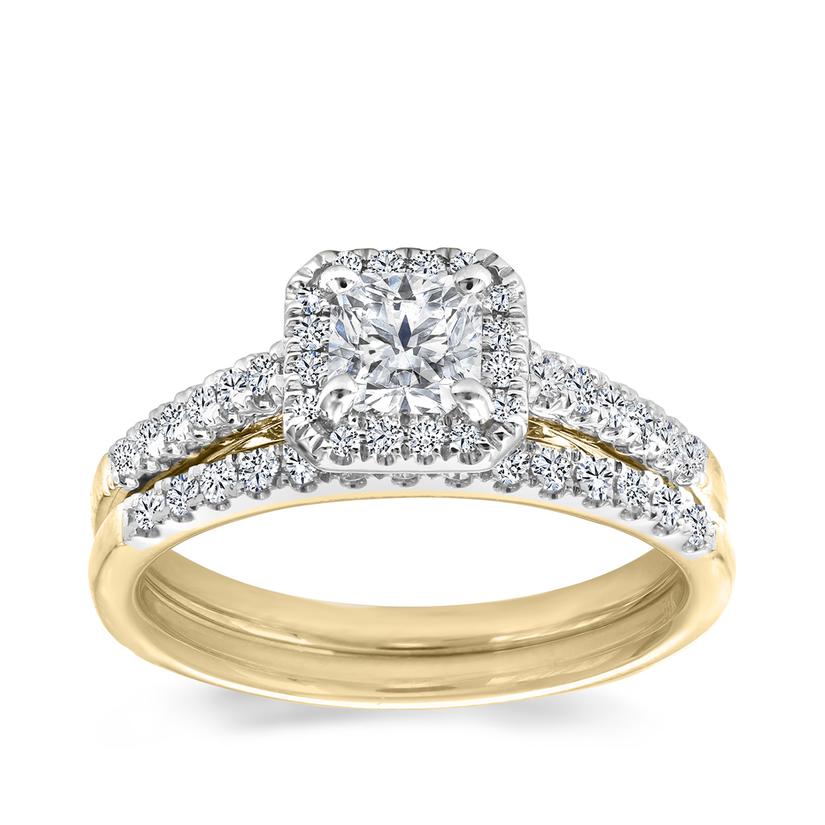 14K yellow gold Candian Rocks 9/10 ct. tw. square diamond halo wedding set