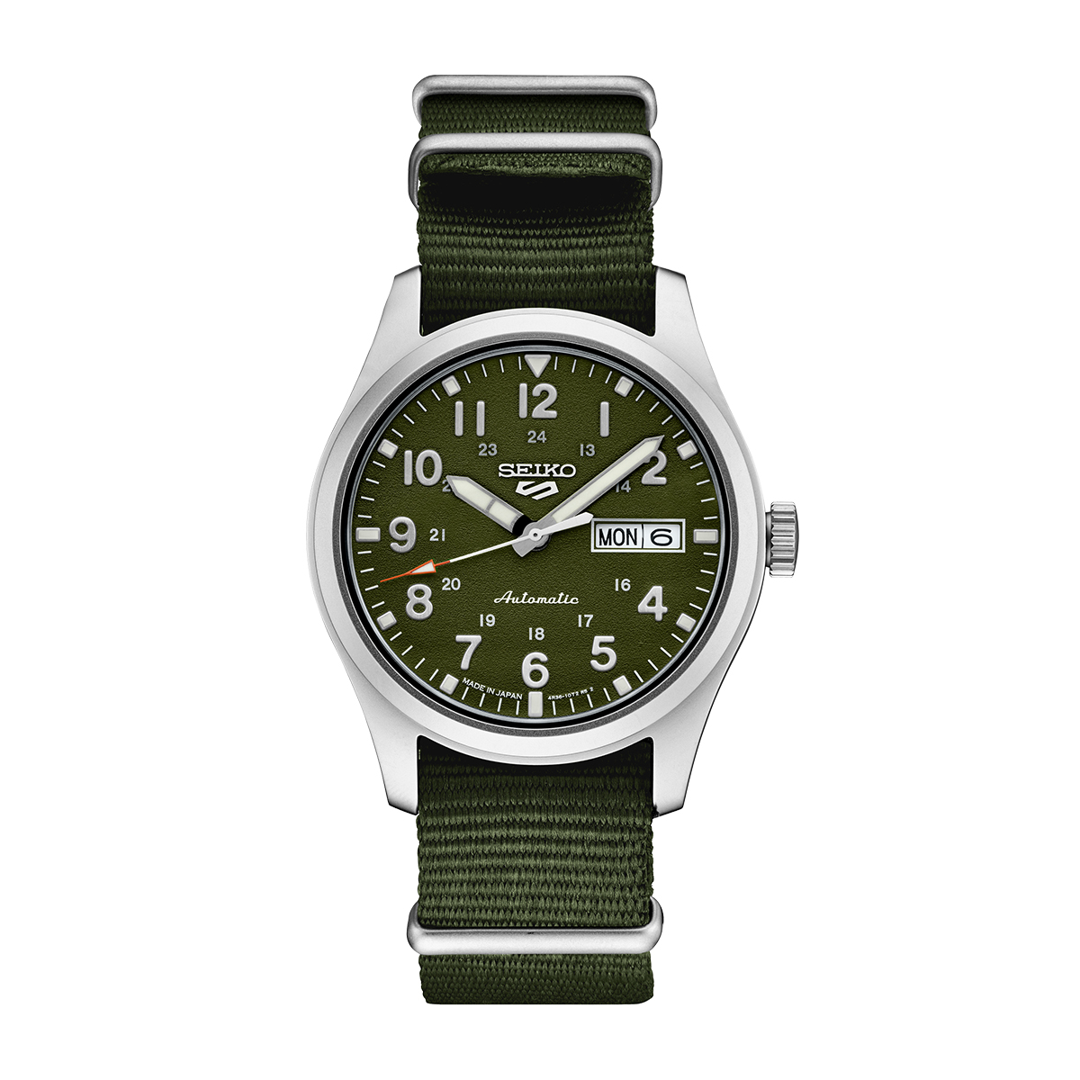 Seiko men's 5 sports automatic stainless steel watch with green dial and nylon strap