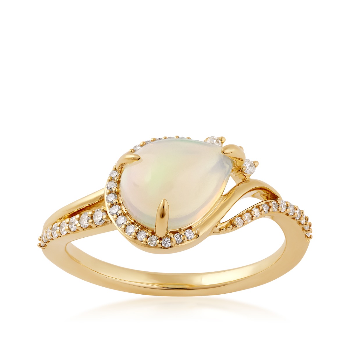 10K yellow gold Infinite Love pear opal and 1/ ct. tw. diamond partial halo ring