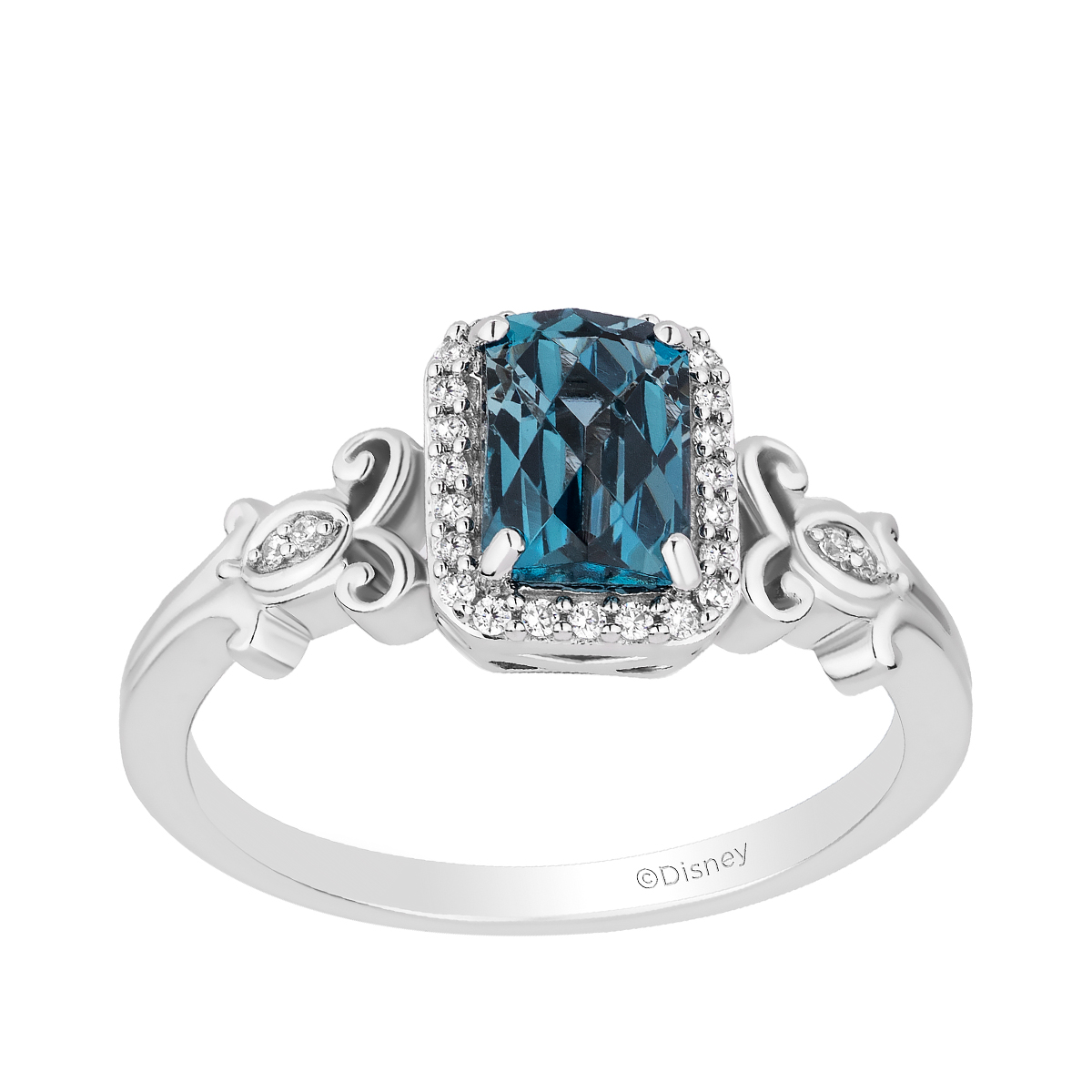 sterling silver Enchanted Disney Cinderella cushion blue topaz and 1/10 ct. tw. diamond halo ring