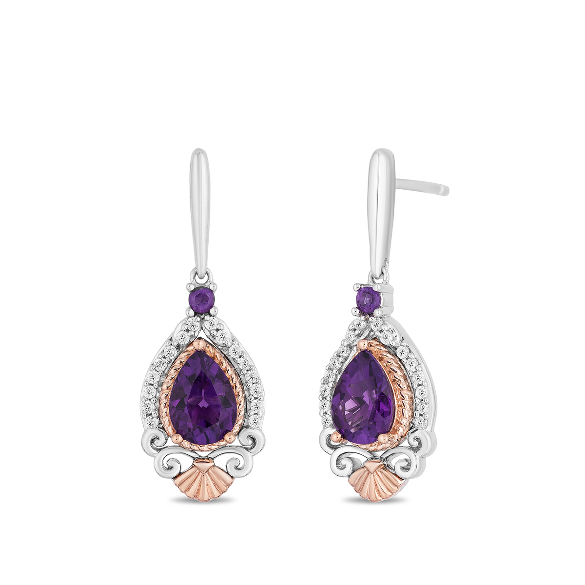 sterling silver and 14K pink gold Enchanted Disney Ariel pear amethyst and 1/6 ct. tw. diamond dangle earrings
