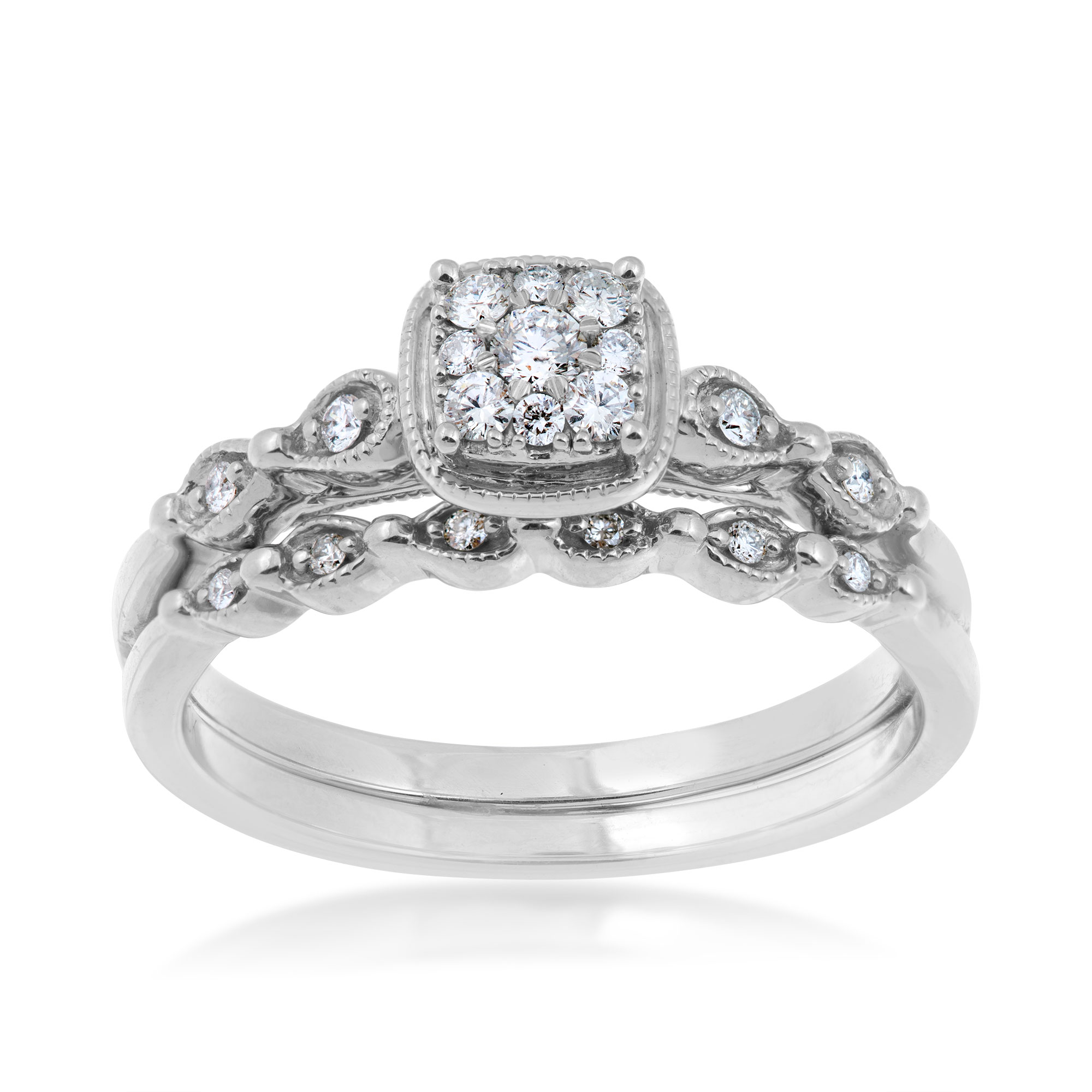 diamond cluster white gold wedding set