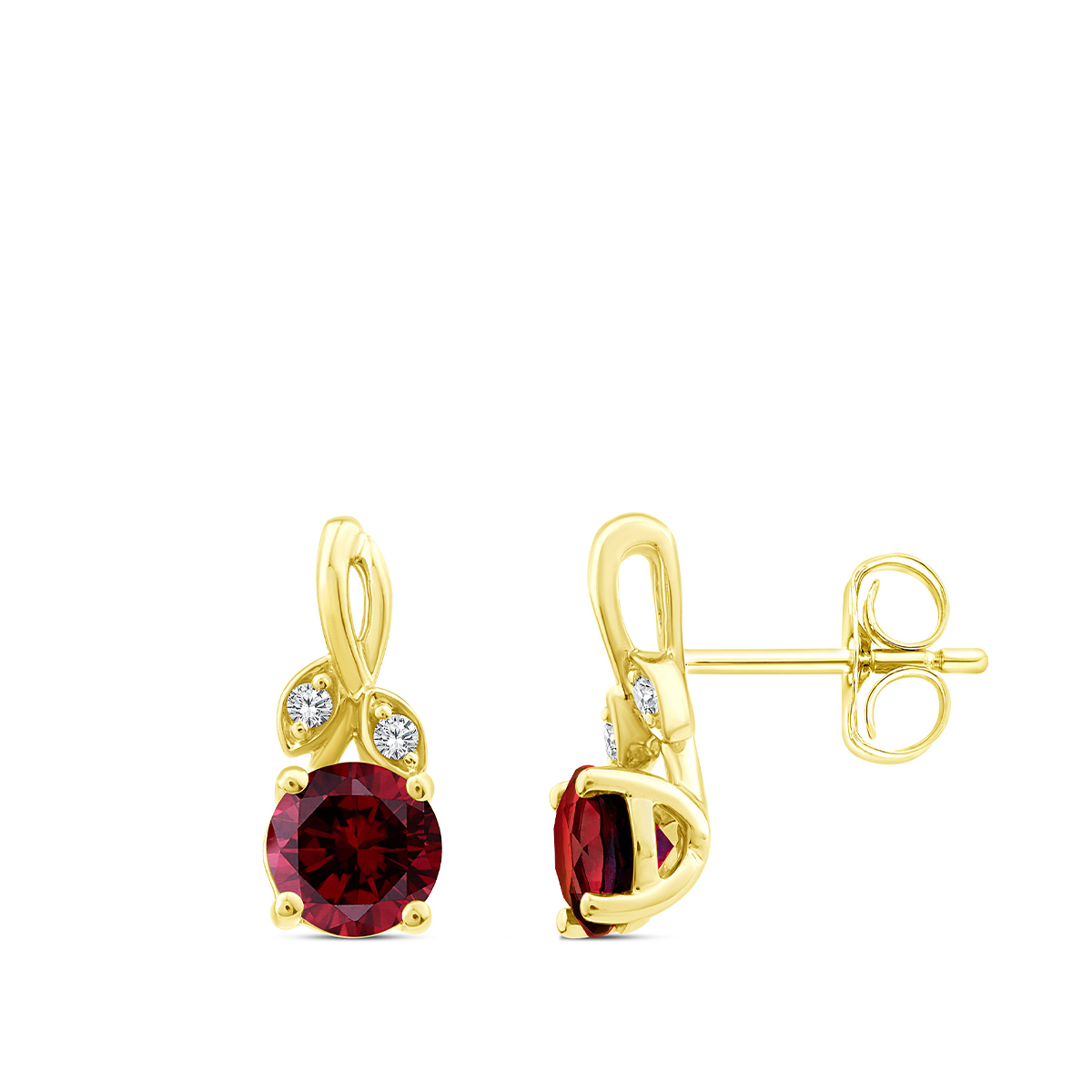 Round Garnet & Diamond Accent Earrings in 10K Yellow Gold