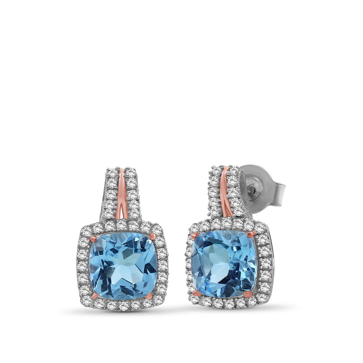 Cushion Swiss Blue & White Topaz Halo Earrings in Sterling Silver & 10K Pink Gold