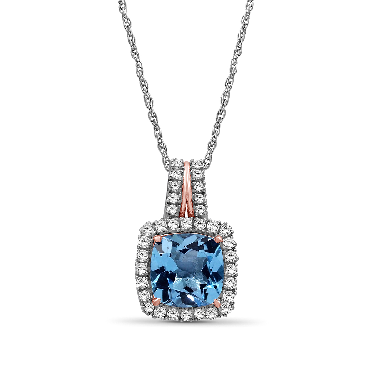 Cushion Swiss Blue & White Topaz Halo Pendant in Sterling Silver & 10K Pink Gold