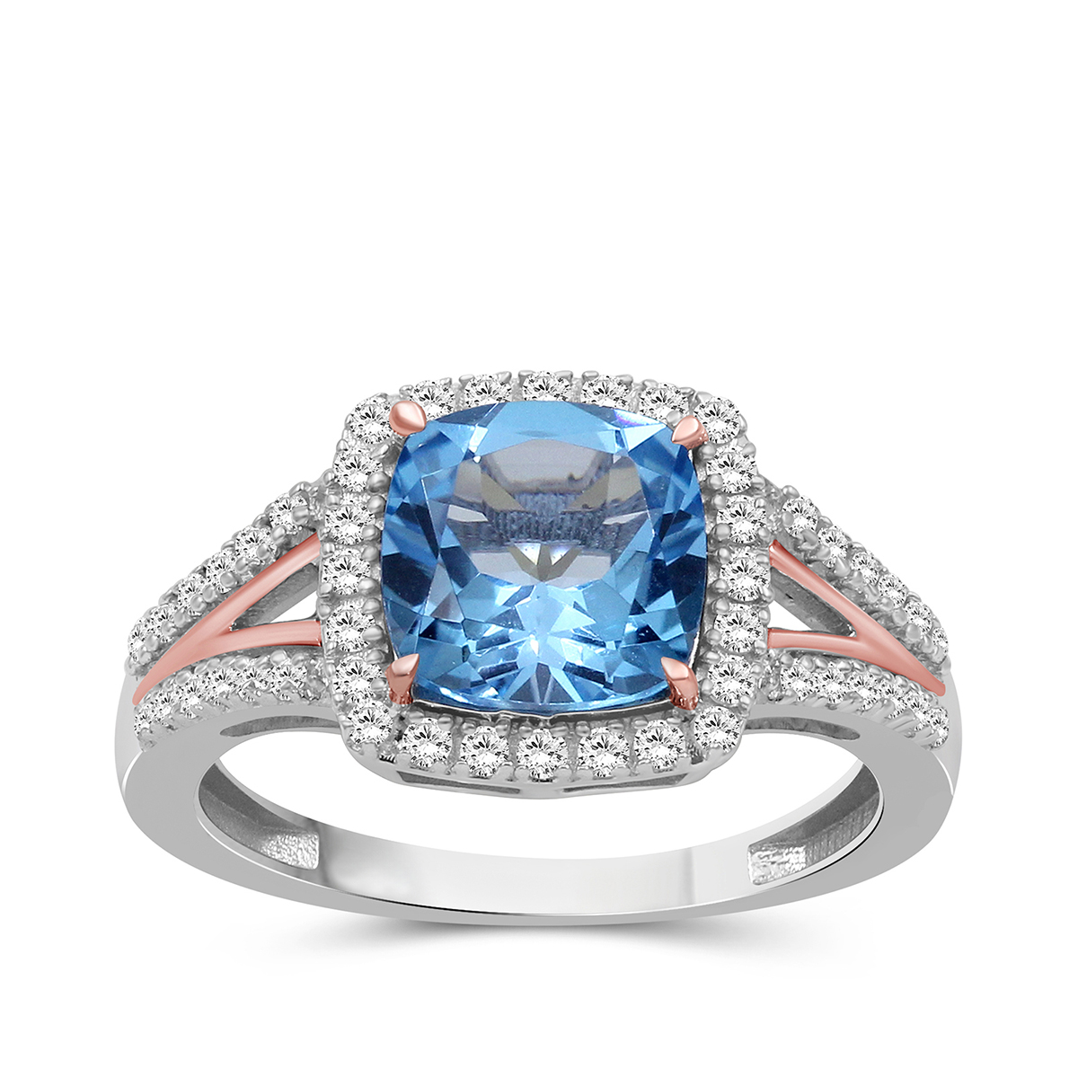 Cushion Swiss Blue & White Topaz Halo Ring in Sterling Silver & 10K Pink Gold