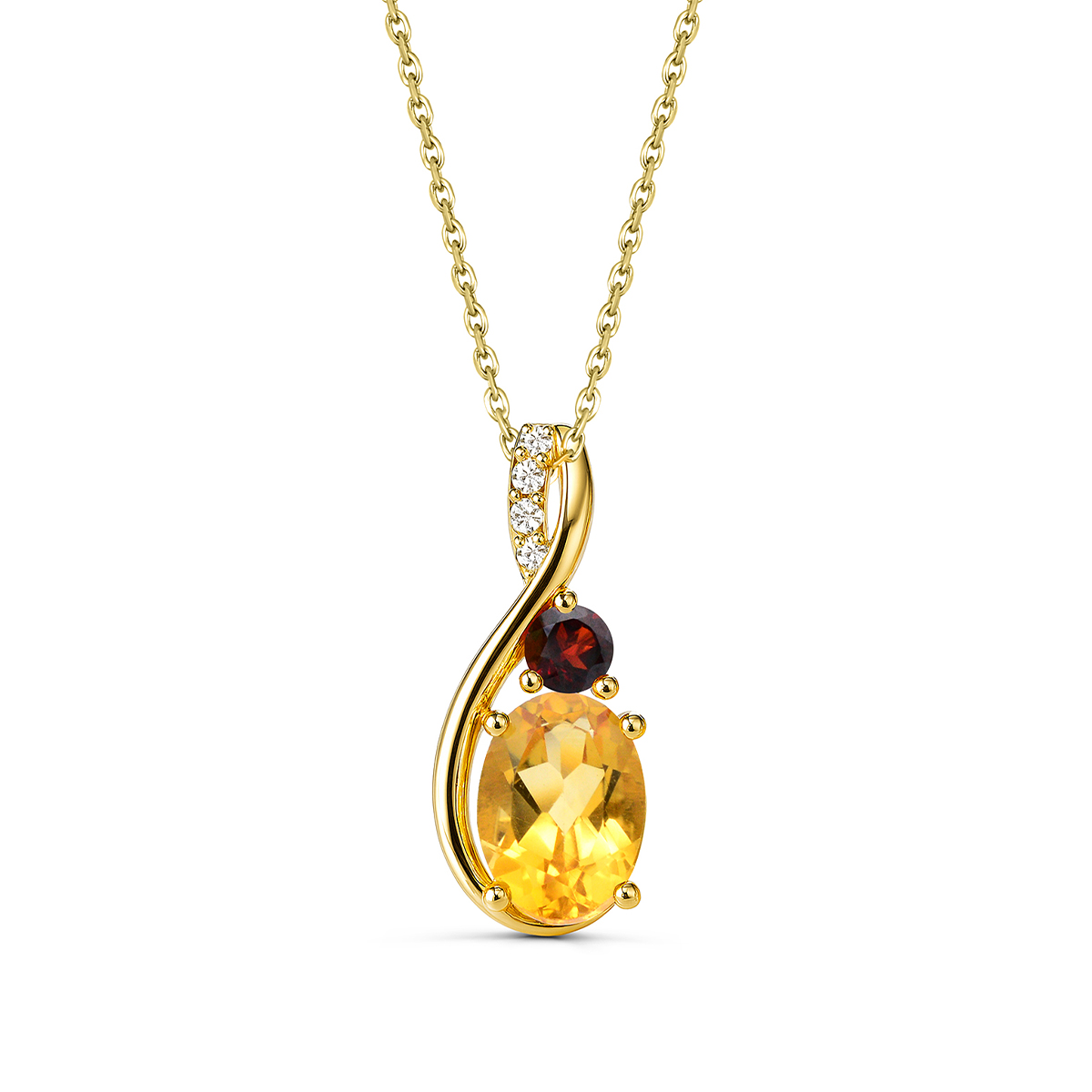 Oval Citrine & Round Garnet & Diamond Accent Pendant in 10K Yellow Gold