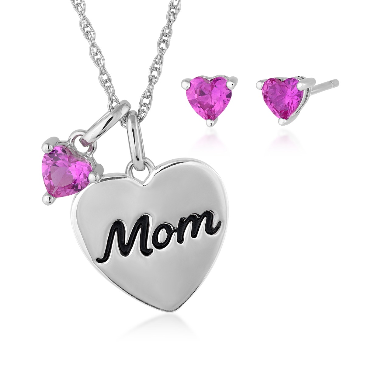Created Heart Pink Sapphire Mom Pendant & Earring Box Set