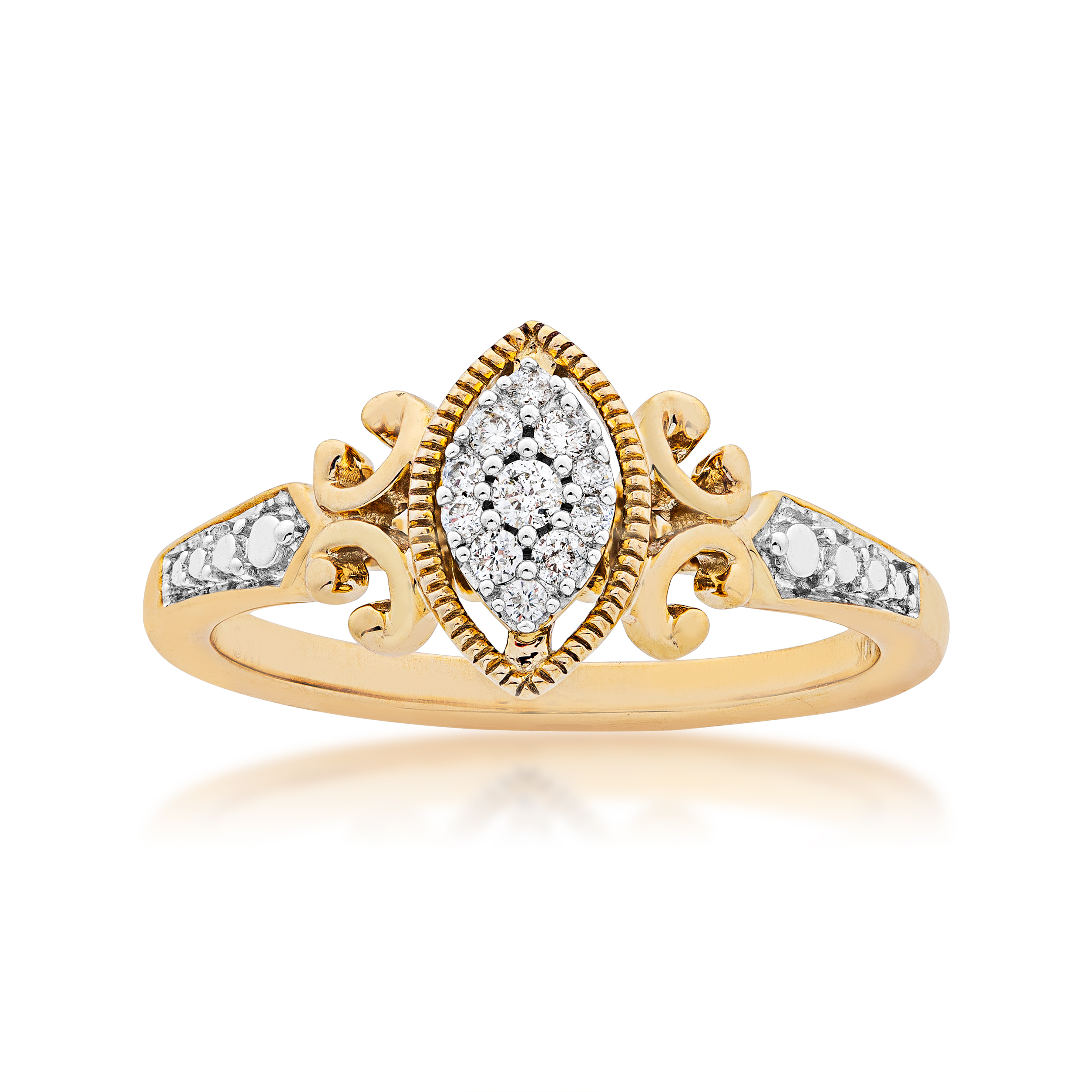 I Promise 1/10 ct. tw. Diamond Marquise Cluster Promise Ring with Filigree Inspired Band & Milgrain Halo in 10K Yellow Gold - RP-1997-178