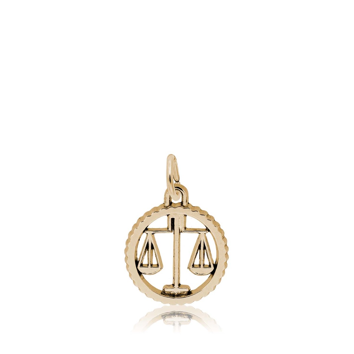 yellow gold open disc zodiac charm with Libra scales symbol 