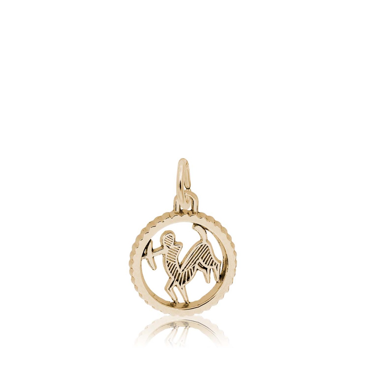yellow gold open disc zodiac charm with Sagittarius archer centaur symbol 