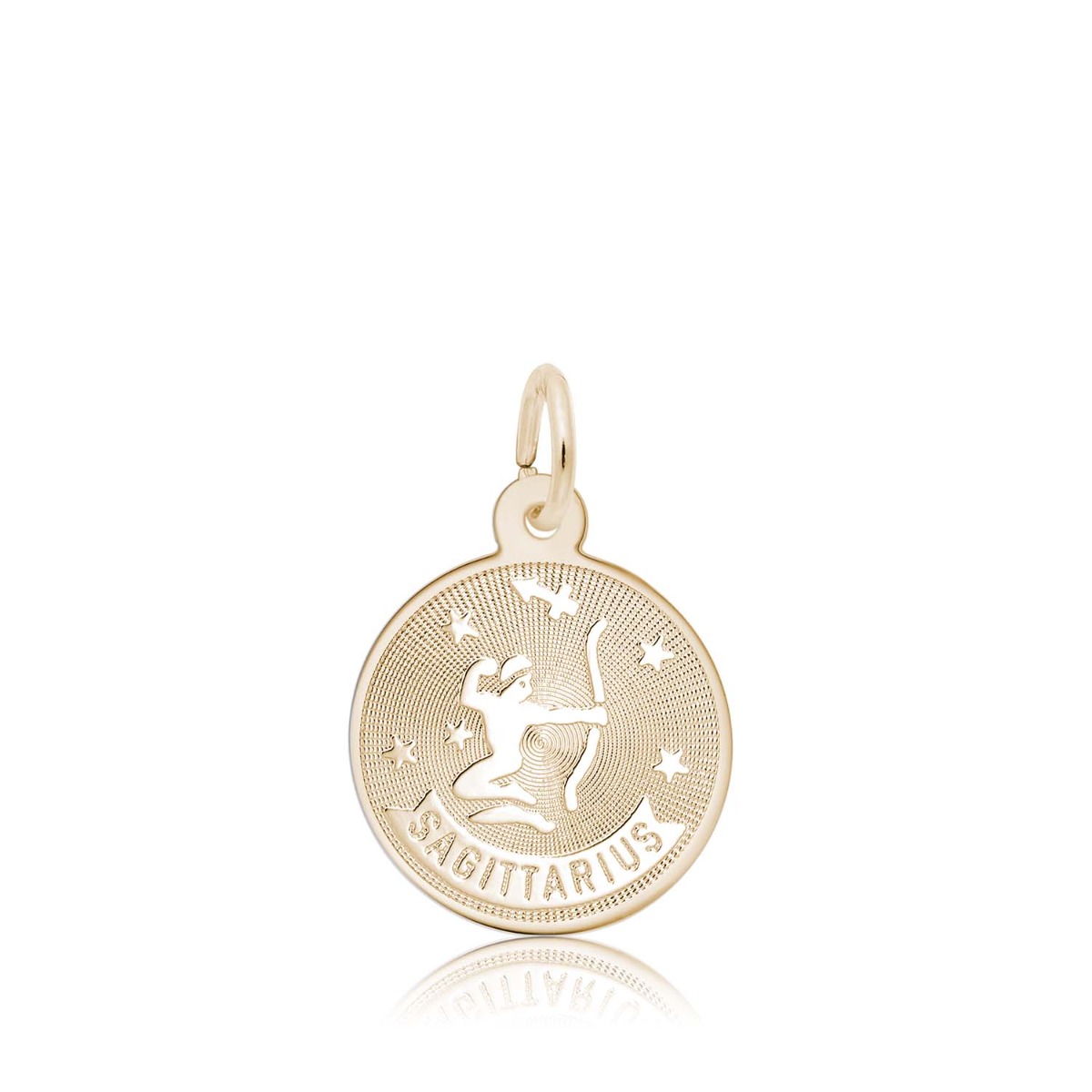 yellow gold disc charm with Sagittarius symbol and text