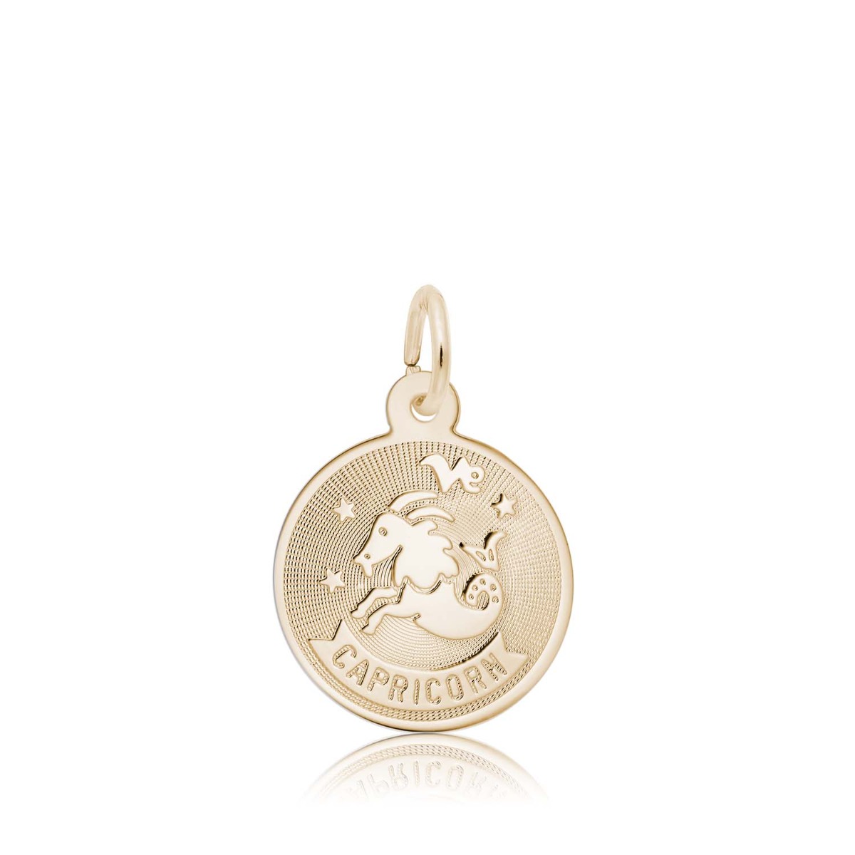 yellow gold disc charm with Capricorn zodiac image and text 