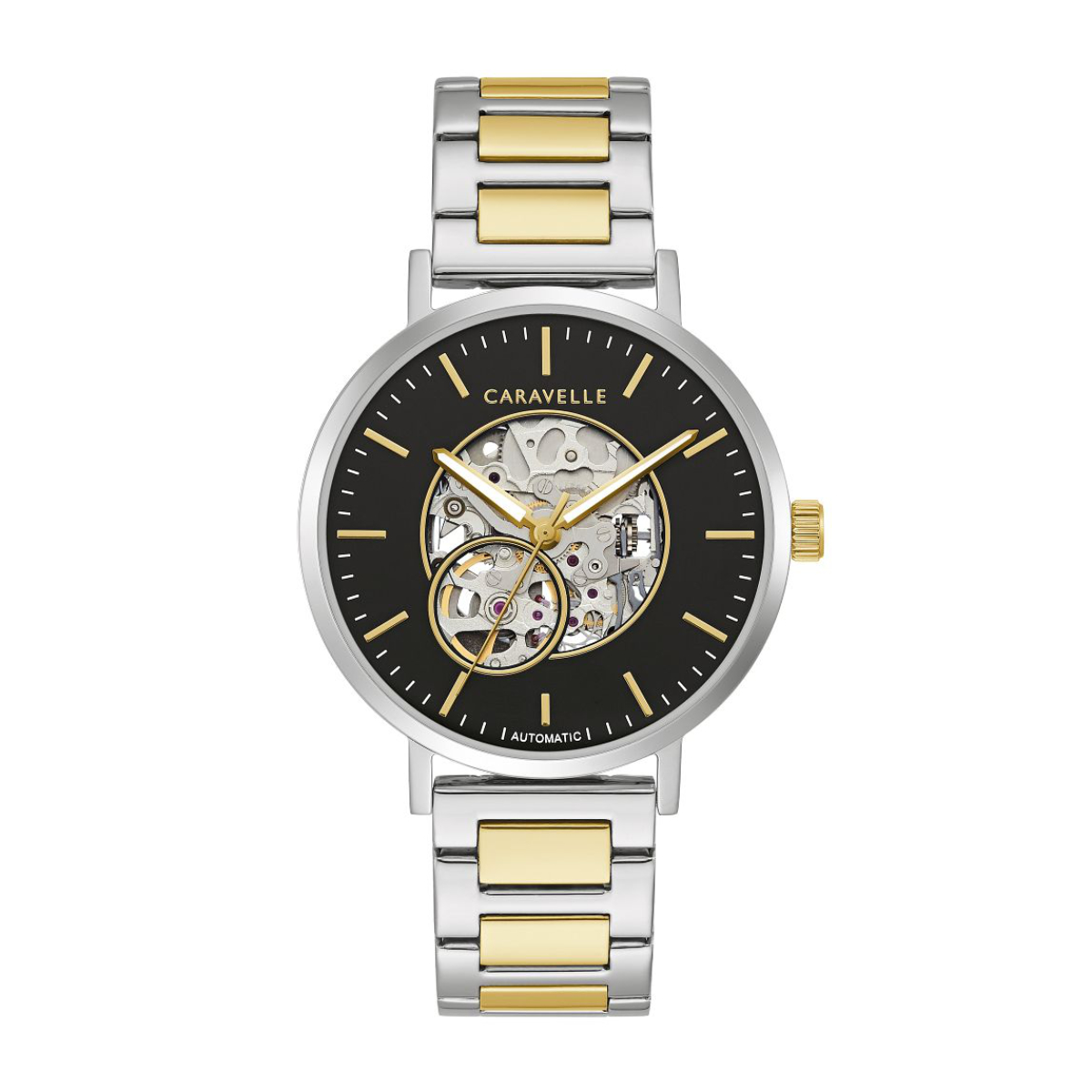 Caravelle Men's Classic Two-Tone Stainless Steel Watch with Black Open Aperture Dial