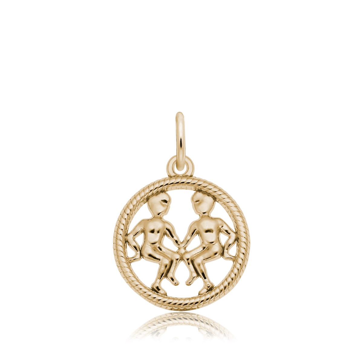 yellow gold Gemini open circle charm with twins and rope edge