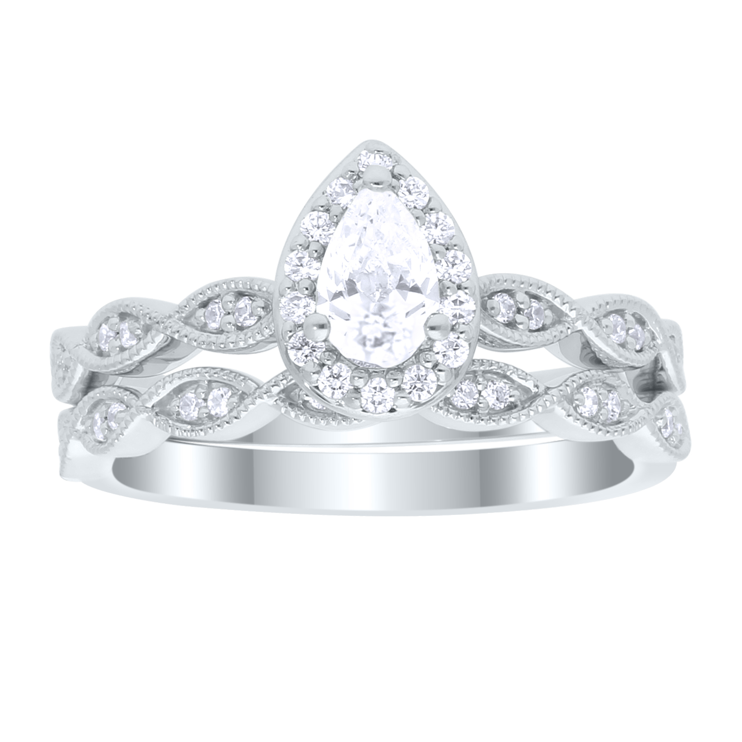 True Promise 1/2 ct. tw. Pear Diamond Halo Wedding Set with Milgrain Detailing in 10K White Gold