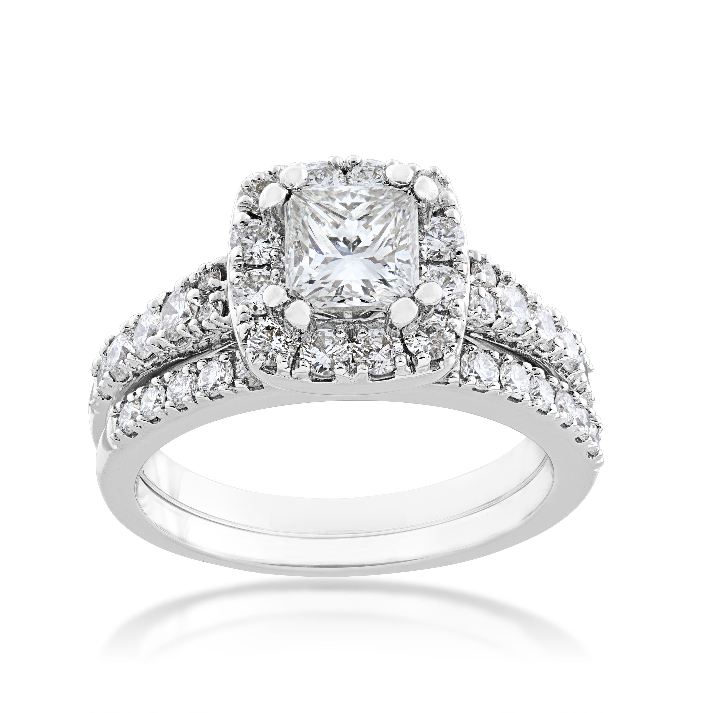 Noventa princess cut diamond halo white gold wedding set