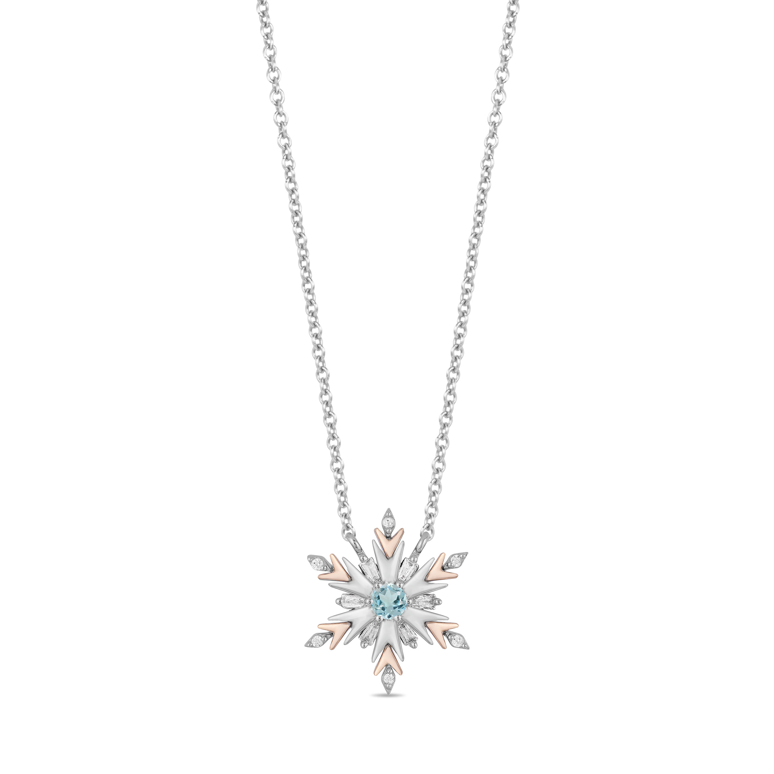 Enchanted Disney Elsa 1/6 ct. tw. Diamond and Sky Blue Topaz Snowflake Pendant in Sterling Silver and 10K Pink Gold
