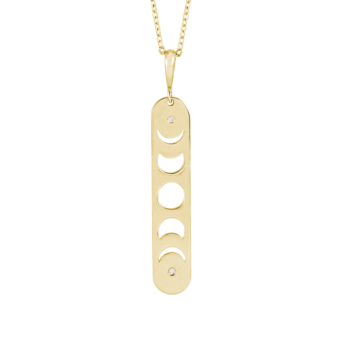 yellow gold rounded vertical bar pendant with openwork moon phases and diamond accents