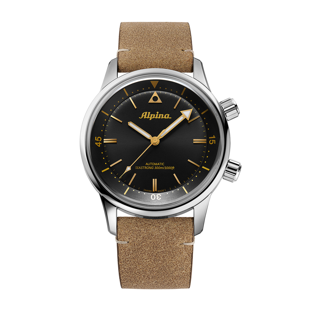 Alpina Men's Heritage Diver 300 Automatic Stainless Steel Watch with Black Dial & Brown Leather Strap