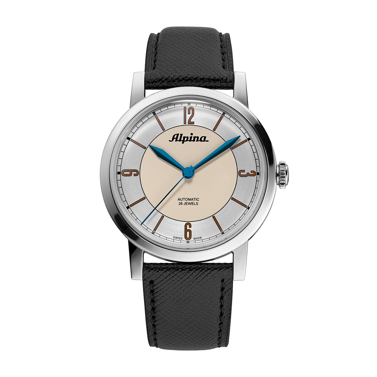 Alpina Heritage Automatic Stainless Steel Watch with Silver & Beige Dial & Black Leather Strap