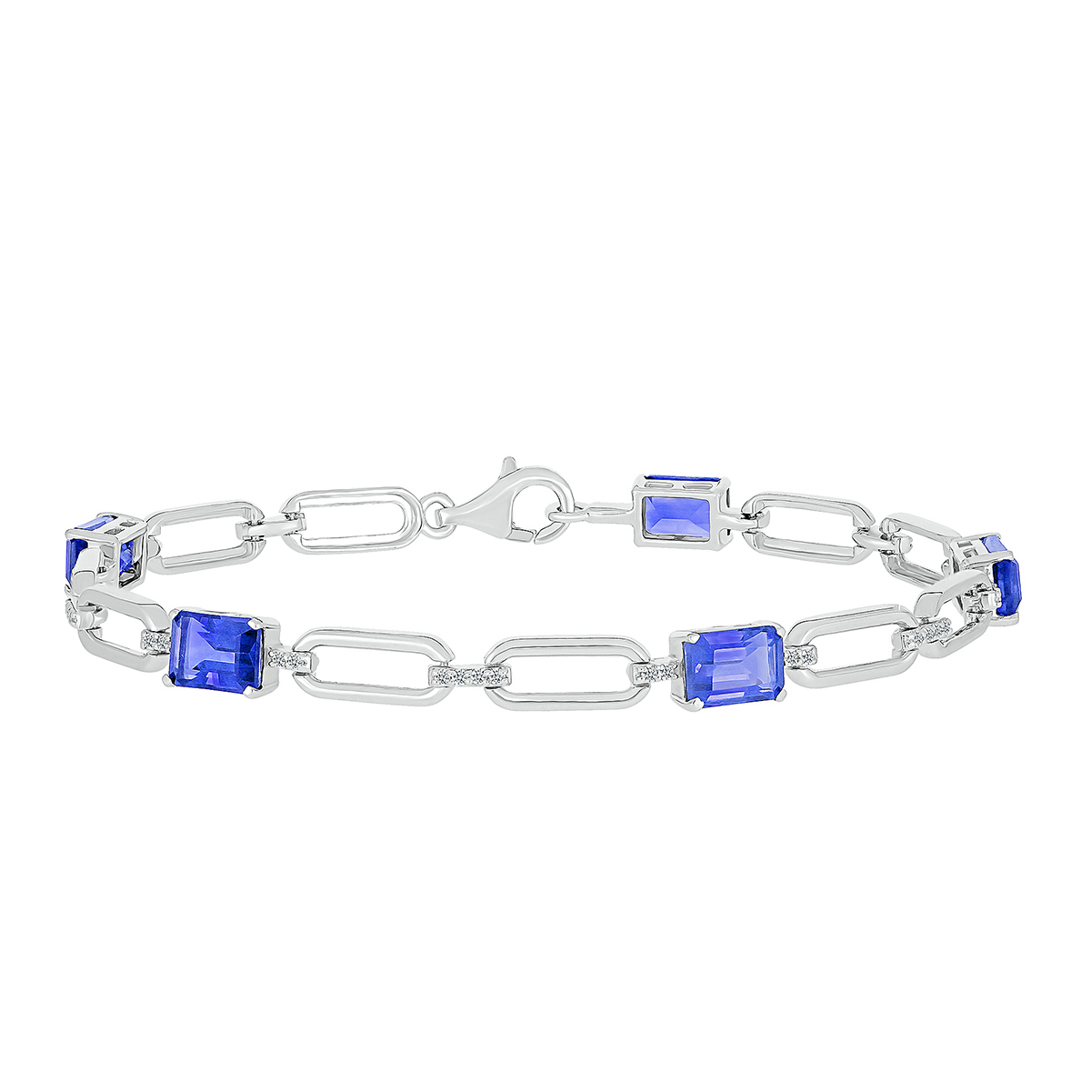sterling silver paperclip bracelet with emerald cut created sapphires and white sapphire accents