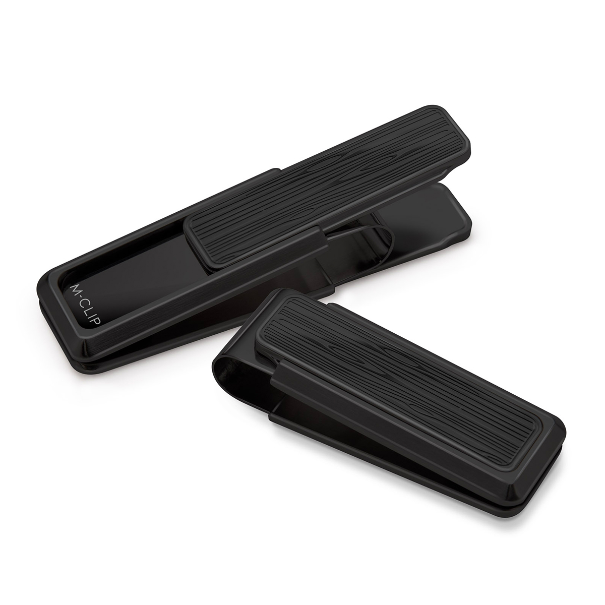 black stainless steel money clip with wood patterned inlay
