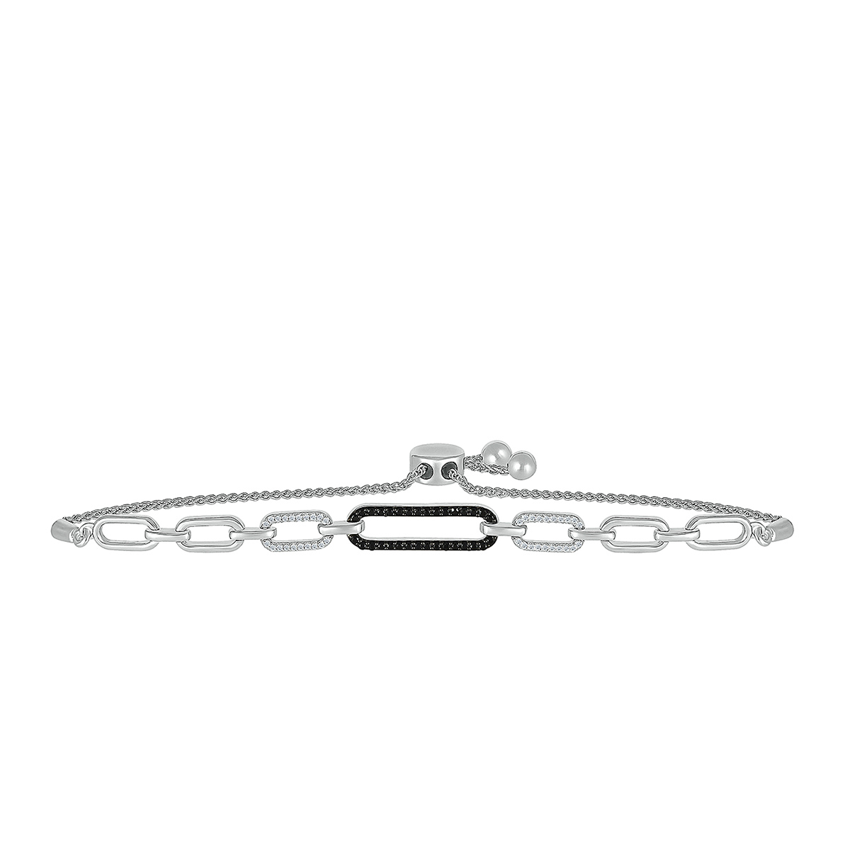 sterling silver diamond paperclip bolo bracelet with black diamonds on center link