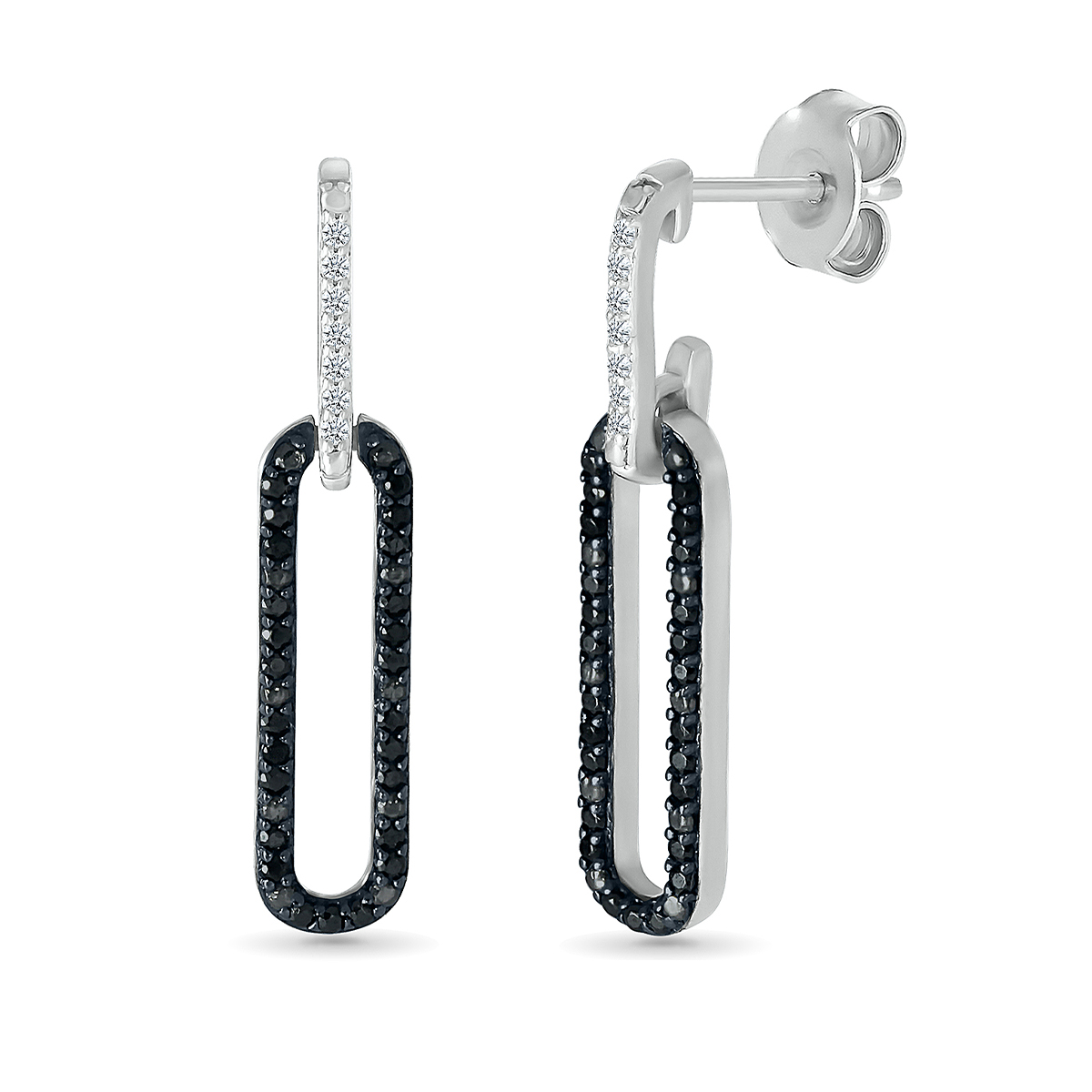 sterling silver black diamond paperclip earrings with white diamond accents