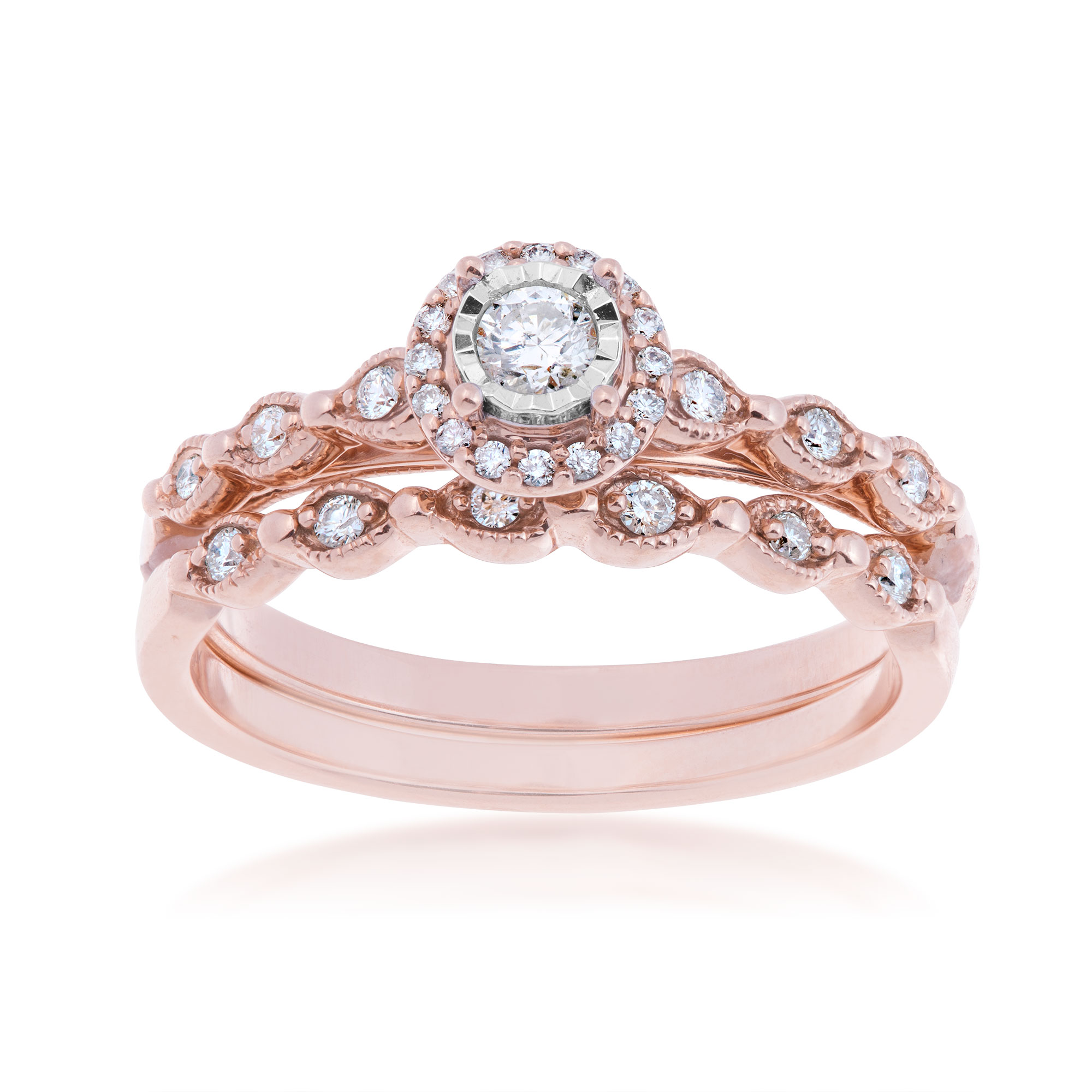True Promise 1/4 ct. tw. Round Diamond Halo Wedding Set with Vintage Inspired Detailing in 10K Pink Gold - RB-7172TPA68-0P