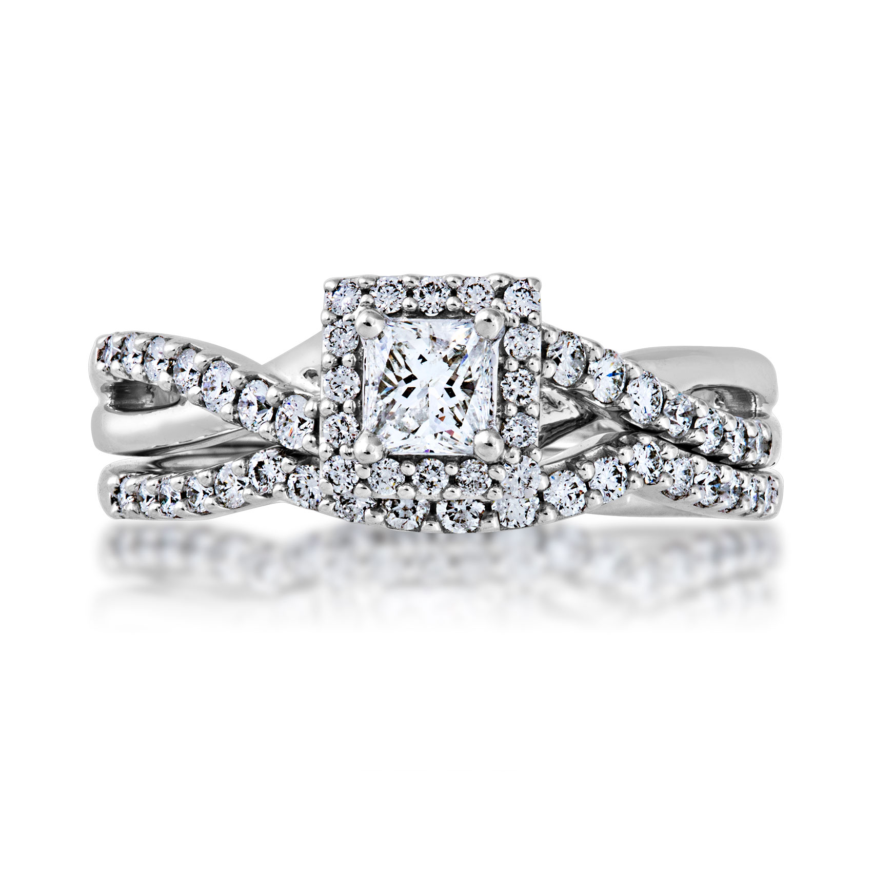 Natural 3/4 ct. tw. Princess Cut Diamond Halo Twist Wedding Set in 10K White Gold