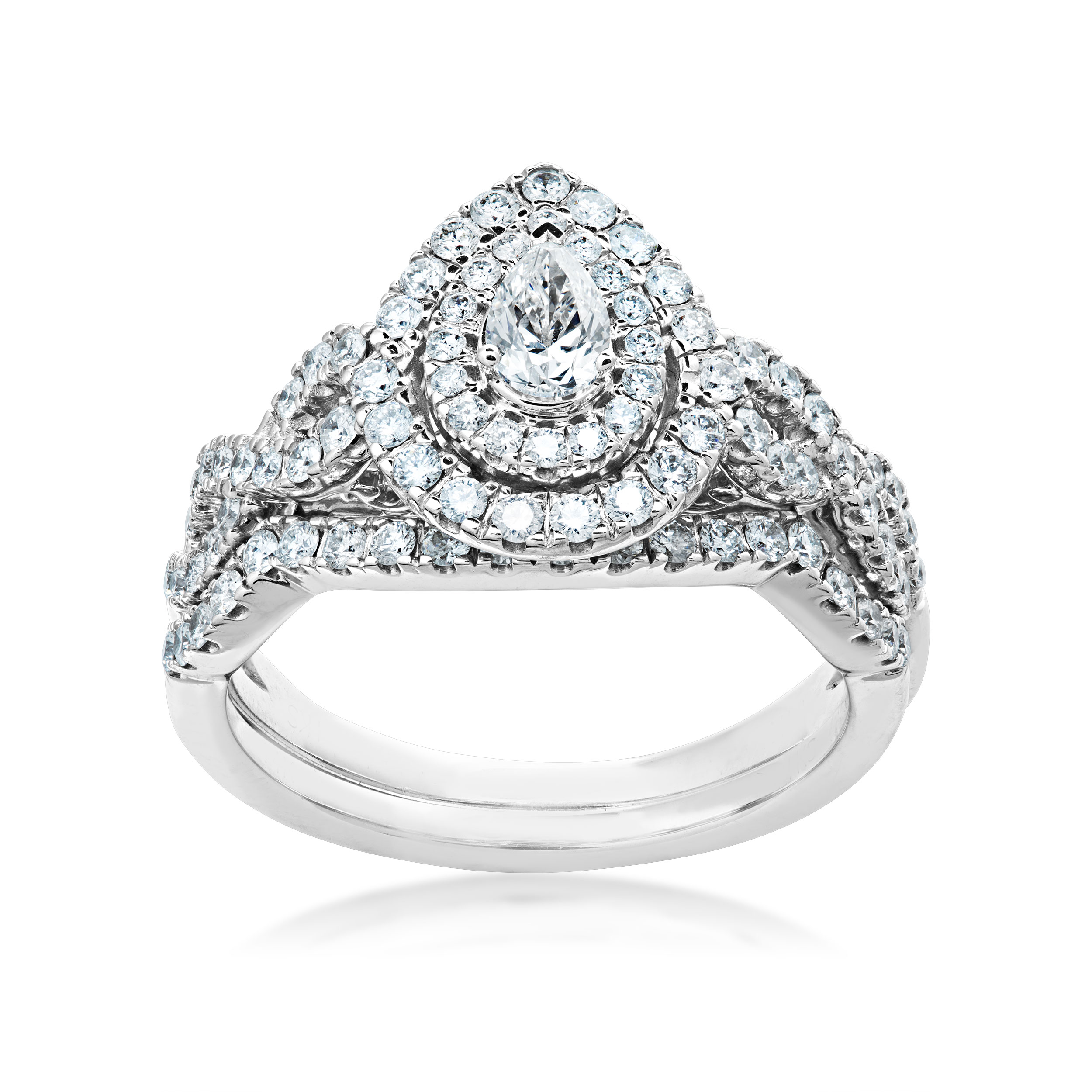 Natural 1 ct. tw. Pear Diamond Double Halo Twist Wedding Set in 10K White Gold