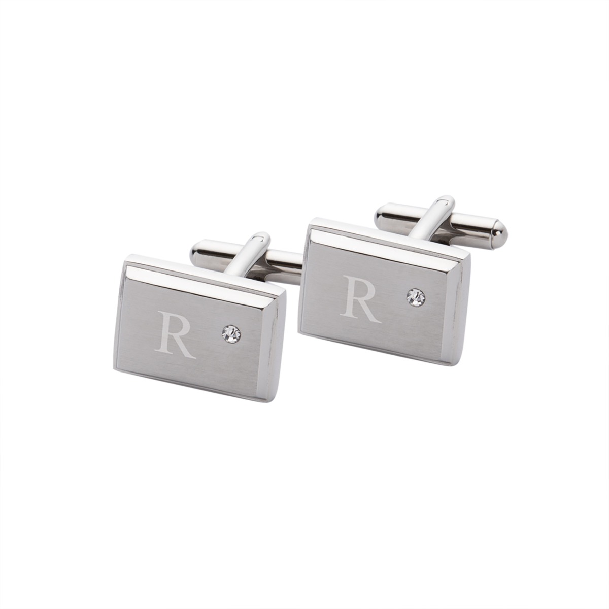 rectangle stainless steel cufflinks with single zircon stone accent and single initial personalization 