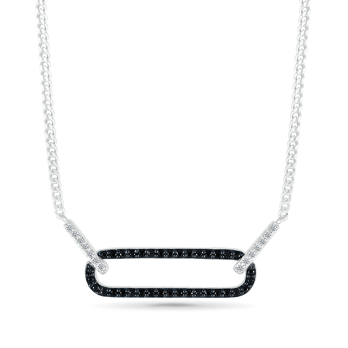 sterling silver black diamond paperclip necklace with white diamond accents