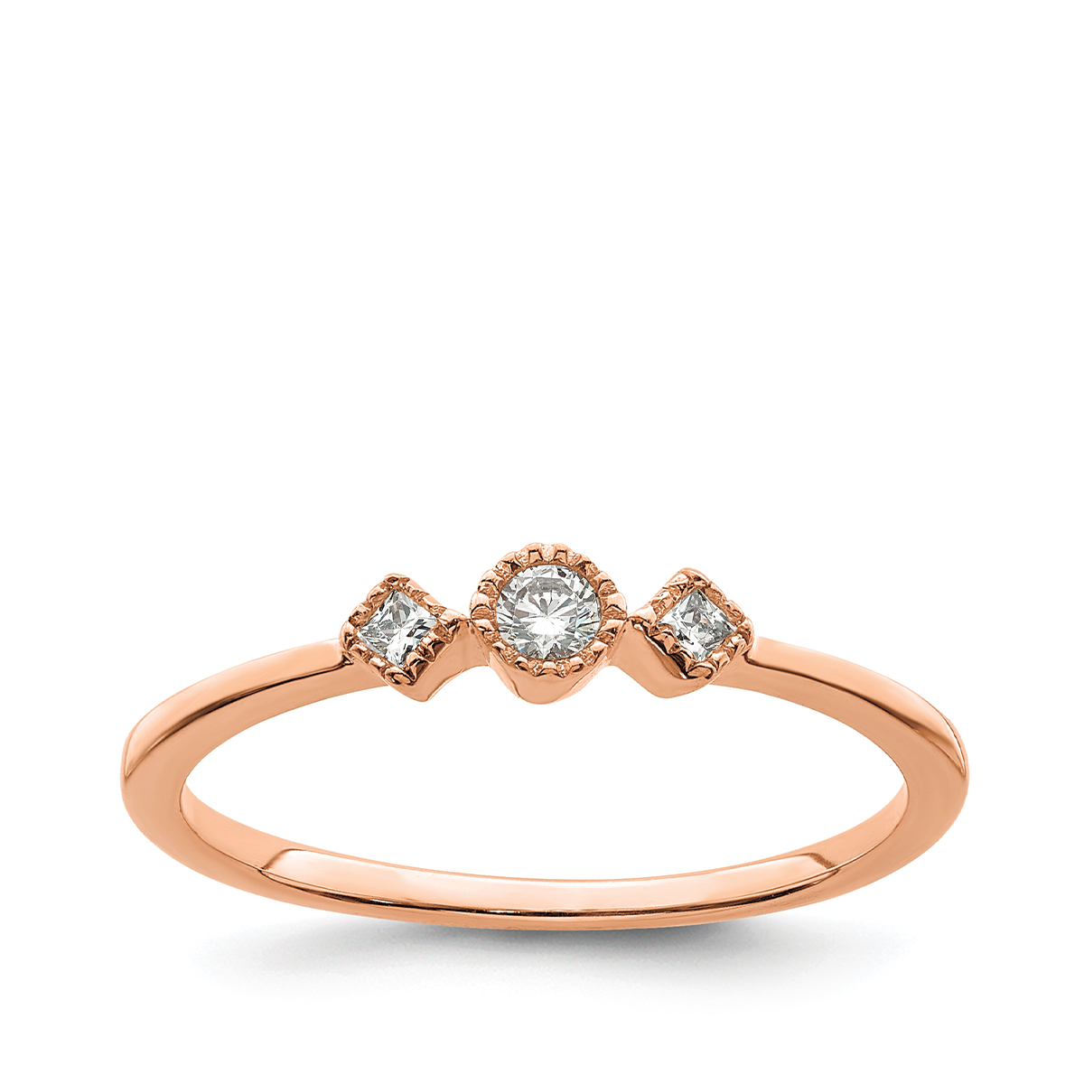 pink gold round and square three stone diamond stackable band with milgrain halos 