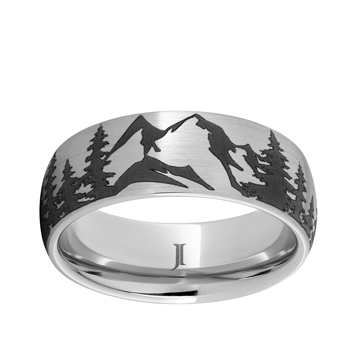Men's Pine Forest Mountain Engraved Dome Wedding Ring in Serinium
