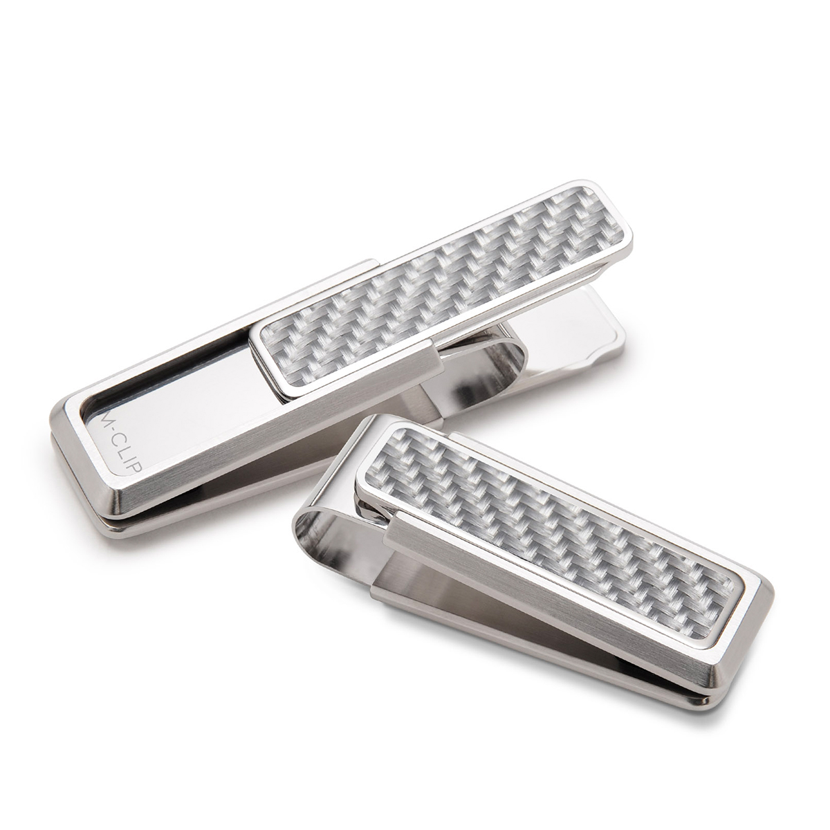 brushed finish stainless steel money clip with white carbon fiber inlay