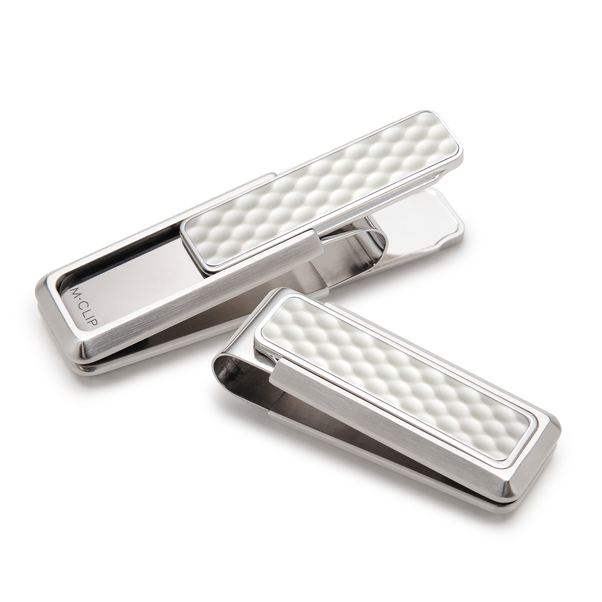 stainless steel money clip with white golf ball inlay
