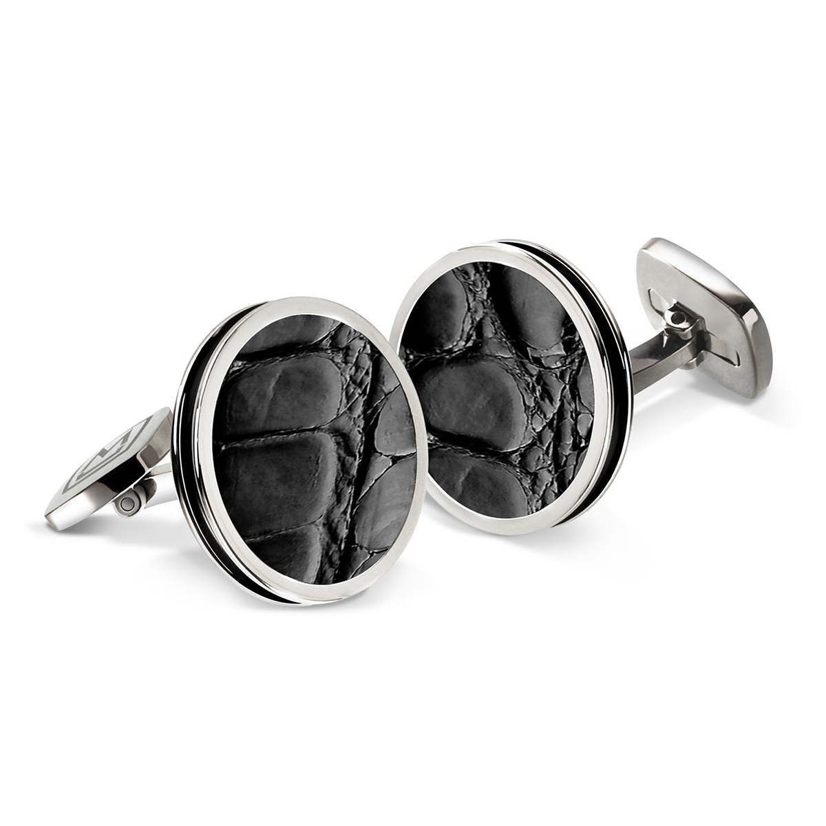 stainless steel cufflinks with black alligator inlay