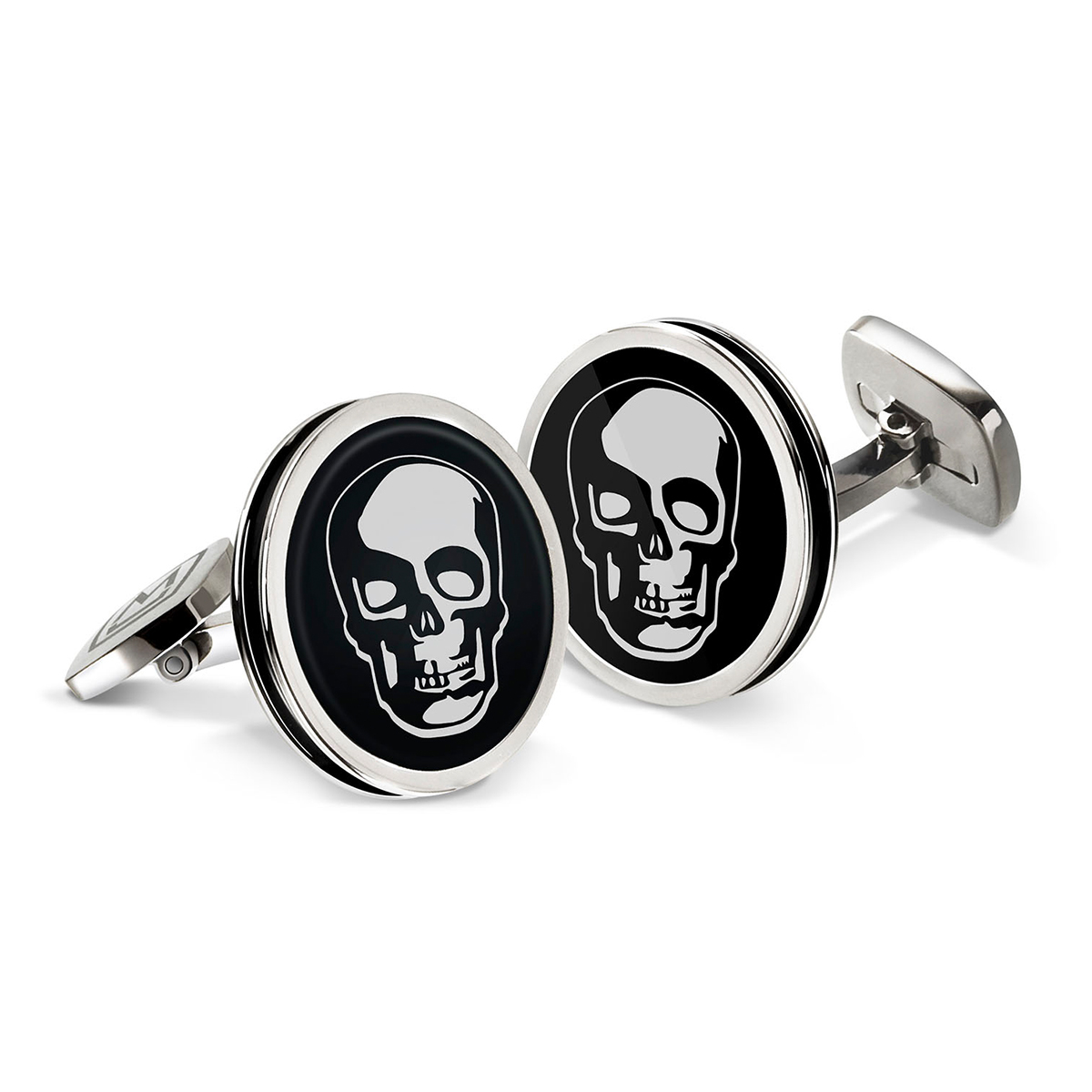 stainless steel cufflinks with black enamel and skulls